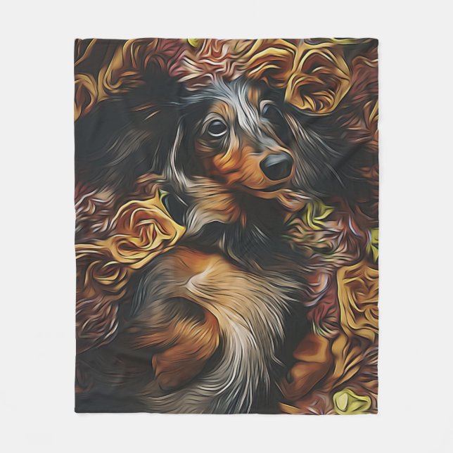 High Angle Portrait Of Dachshund Lying On Field Po Fleece Blanket (Front)