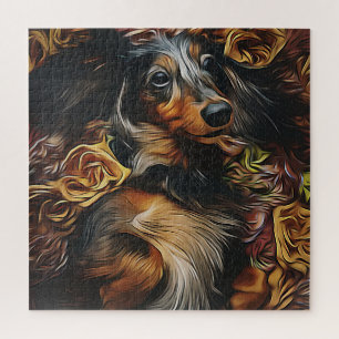 High Angle Portrait Of Dachshund Lying On Field Po Jigsaw Puzzle