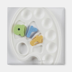 High angle view of alphabets on a palette magnet