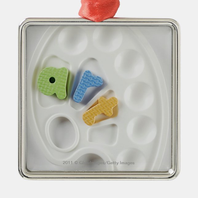 High angle view of alphabets on a palette metal tree decoration (Front)