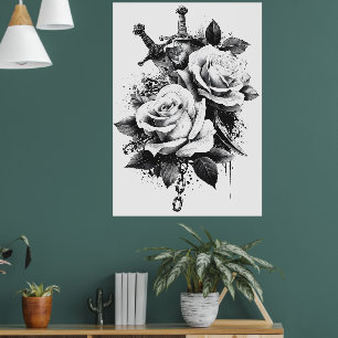 High-Contrast Black and White Tattoo Art Design Poster