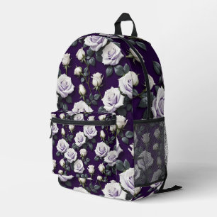High Contrast White Roses On A Deep Royal Purple Printed Backpack