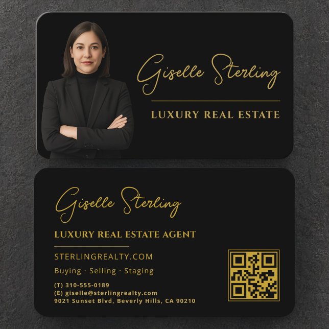 High End Real Estate Black Gold QR Code Business Card (Creator Uploaded)