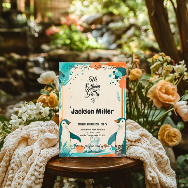 High Five 5th Birthday, Teal and Orange, Polar  Invitation (Creator Uploaded)