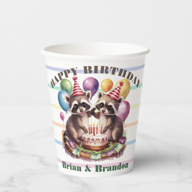 high five birthday party twins mapache baby racoon paper cups (Front)