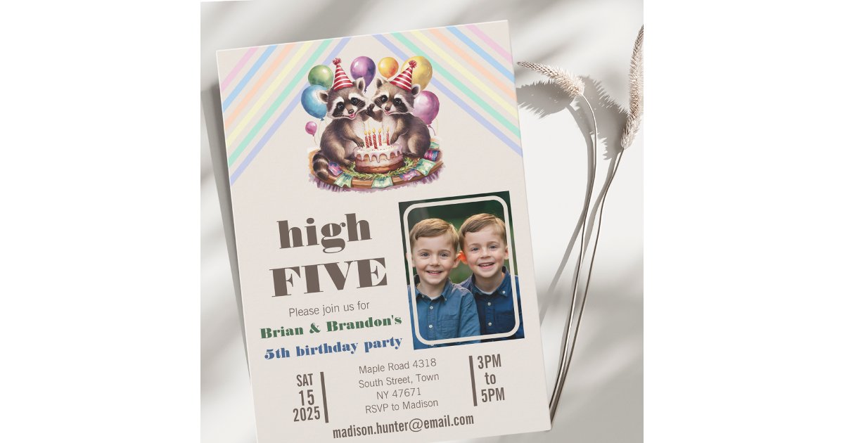 high five birthday party twins mapache theme photo invitation | Zazzle
