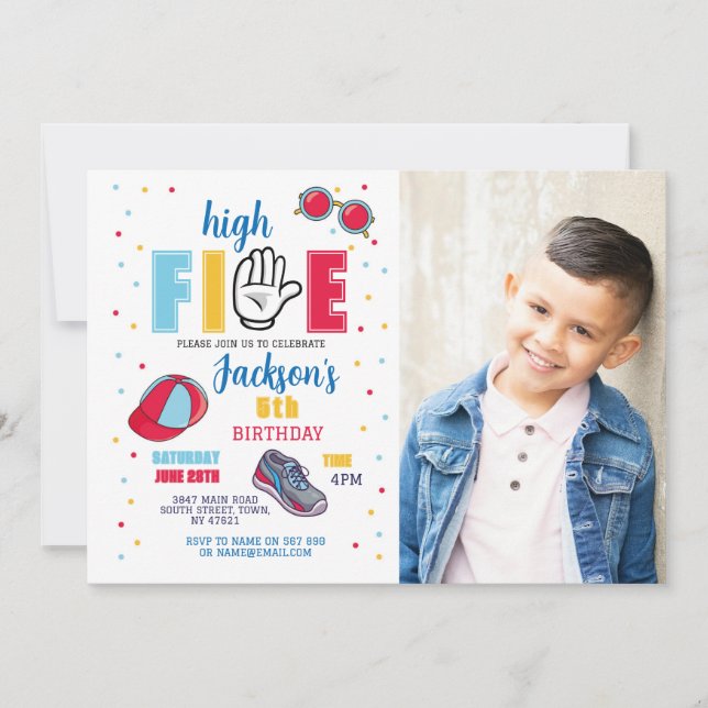 High Five Birthday Sunglasses 5th Photo Boys Invitation (Front)