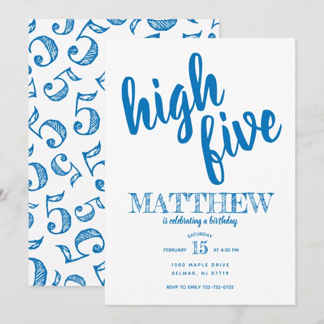 High Five Fifth Birthday Invitation Blue (Front/Back)
