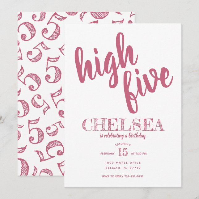 High Five Fifth Birthday Invitation Pink (Front/Back)