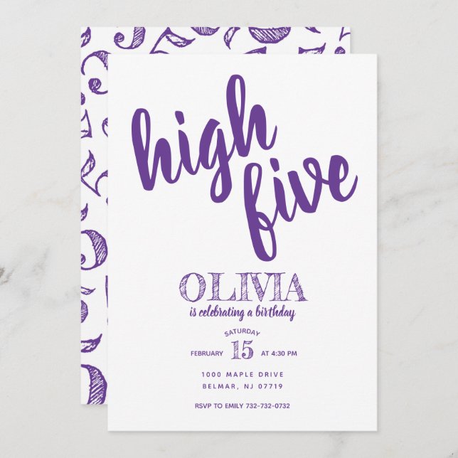 High Five Fifth Birthday Invitation Purple (Front/Back)