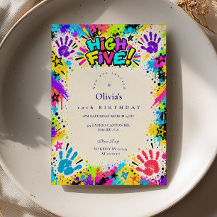 High Five Neon Paint Splatter Birthday Invitation