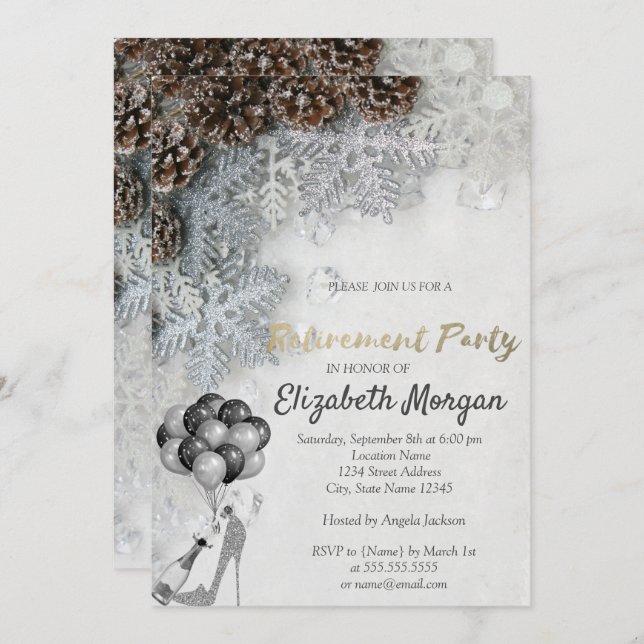 High Heel,Balloons,Snowflakes, Retirement Party Invitation (Front/Back)