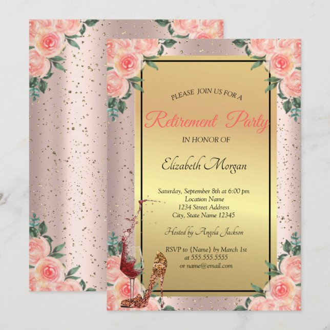 High Heel,Glass,Floral Rose Gold Retirement  Invitation (Front/Back)