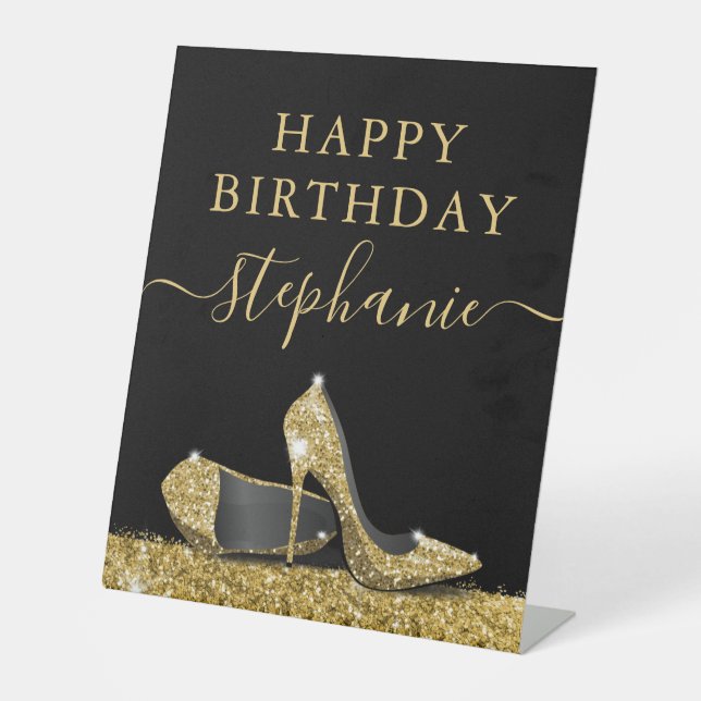 High Heel Shoe Black and Gold Glitter Birthday Pedestal Sign (Front)
