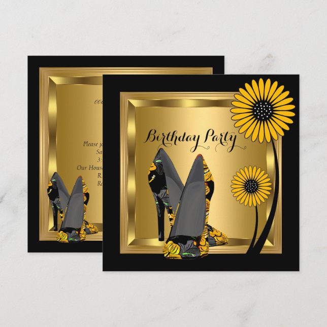 High Heel Shoe Floral Yellow Black Birthday Party Invitation (Front/Back)