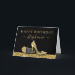 High Heel Shoes Black Gold Happy Birthday Card<br><div class="desc">Elegant and Chic Modern Gold and Black Happy Birthday Personalised Birthday Card with Faux Glitter Silver High Heel Stiletto Shoes and custom name calligraphy script cursive. Add your own text inside the card or use as table signs for your party.</div>