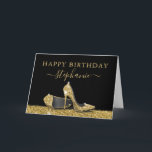 High Heel Shoes Black Gold Happy Birthday Card<br><div class="desc">Elegant and Chic Modern Gold and Black Happy Birthday Personalised Birthday Card with Faux Glitter Silver High Heel Stiletto Shoes and custom name calligraphy script cursive. Add your own text inside the card or use as table signs for your party.</div>