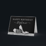 High Heel Shoes Black Silver Happy Birthday Card<br><div class="desc">Elegant and Chic Modern Silver and Black Happy Birthday Personalised Birthday Card with Faux Glitter Silver High Heel Stiletto Shoes and custom name calligraphy script cursive in black and white. Add your own text inside the card or use as table signs for your party.</div>