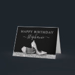 High Heel Shoes Black Silver Happy Birthday Card<br><div class="desc">Elegant and Chic Modern Silver and Black Happy Birthday Personalised Birthday Card with Faux Glitter Silver High Heel Stiletto Shoes and custom name calligraphy script cursive in black and white. Add your own text inside the card or use as table signs for your party.</div>