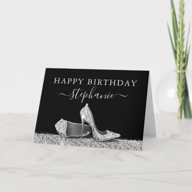 High Heel Shoes Black Silver Happy Birthday Card (Front)