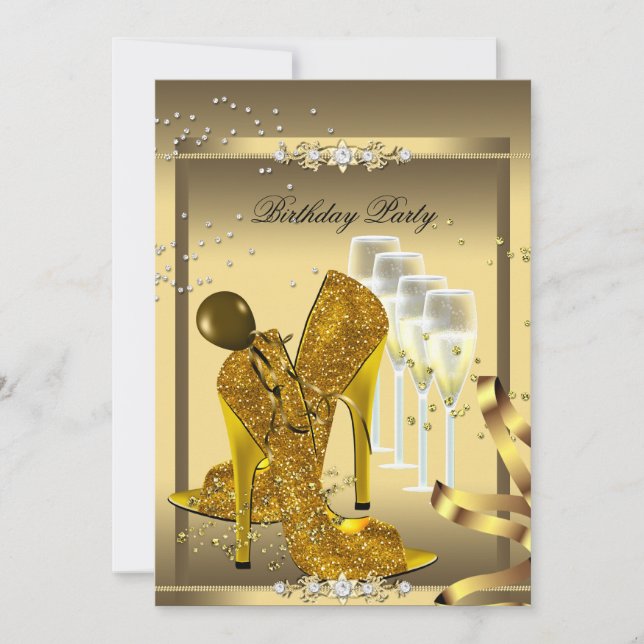 High Heel Shoes Champagne Gold Birthday Party Invitation (Front)