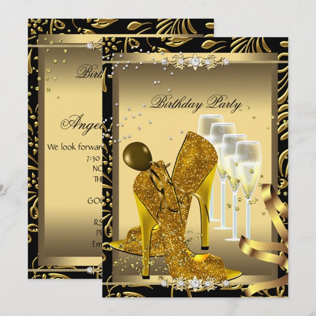 High Heel Shoes Champagne Gold Birthday Party Invitation (Front/Back)