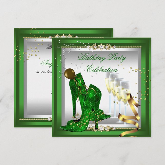 High Heel Shoes Champagne Green Gold Silver Invitation (Front/Back)