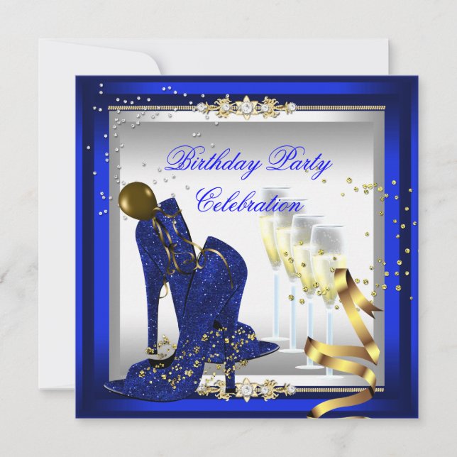 High Heel Shoes Champagne Royal Blue Gold Invitation (Front)