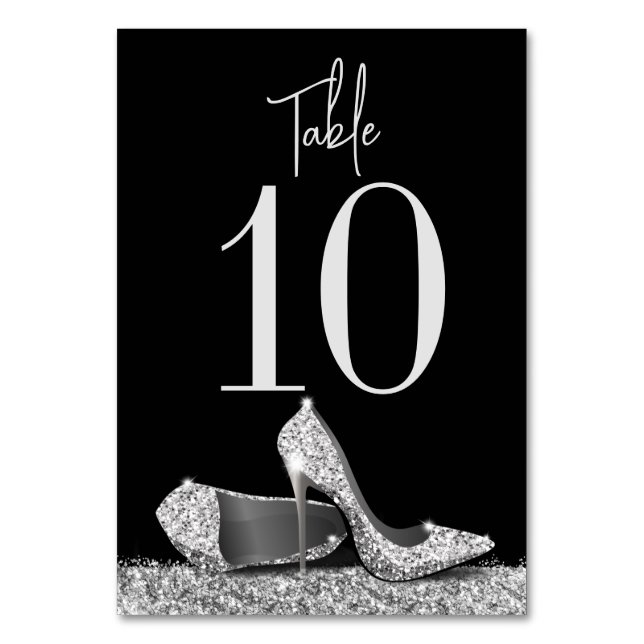 High Heel Shoes Elegant Modern Silver Black Table Number (Front)