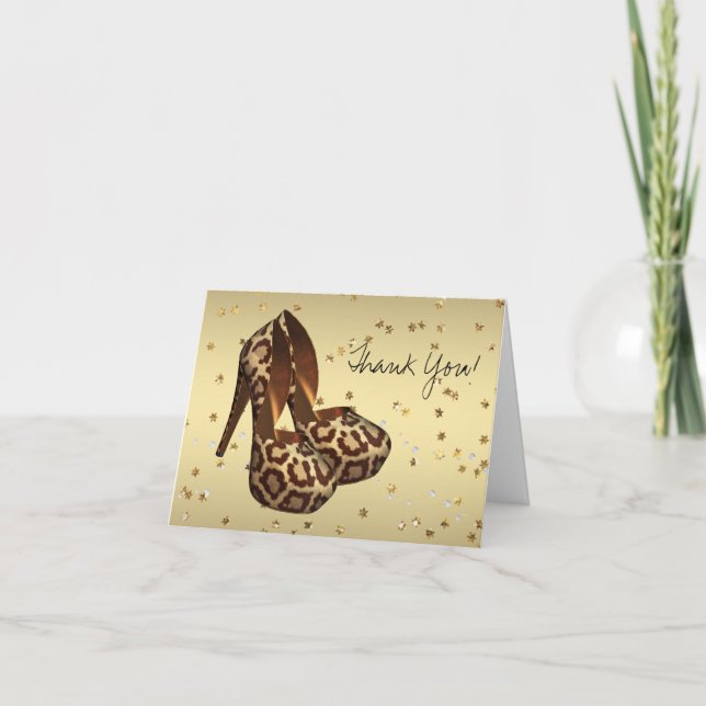 High Heel Shoes Gold Leopard Thank You Cards (Front)