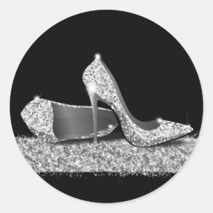 High Heel Shoes Silver Glitter Favour Classic Round Sticker