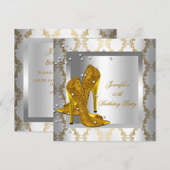 High Heel Shoes Silver Gold Birthday Party Invitation (Front/Back)