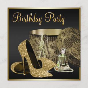 High Heel Shoes Womans Black and Gold Birthday Invitation