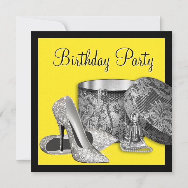 High Heel Shoes Womans Black Yellow Birthday Invitation (Front)