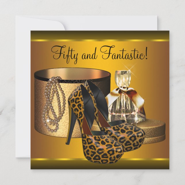 High Heel Shoes Womans Gold Leopard 50th Birthday Invitation (Front)