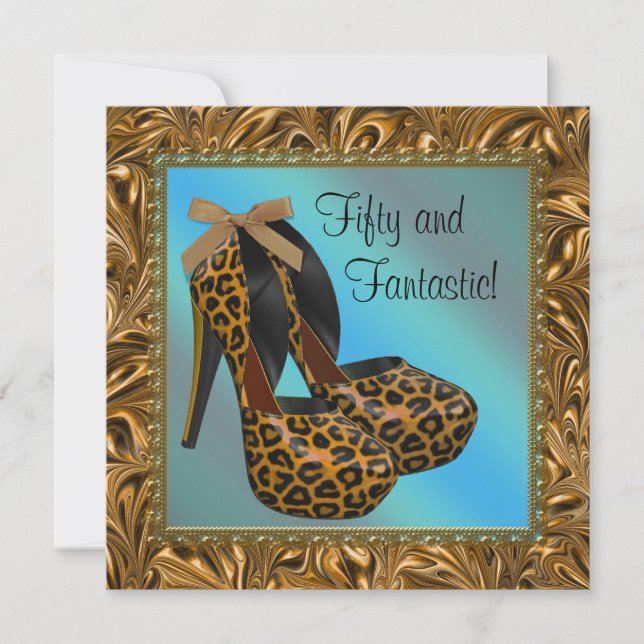 High Heel Shoes Womans Leopard Gold 50th Birthday Invitation (Front)