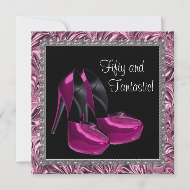 High Heel Shoes Womans Pink Black 50th Birthday Invitation (Front)
