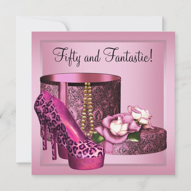High Heel Shoes Womans Pink Leopard 50th Birthday Invitation (Front)