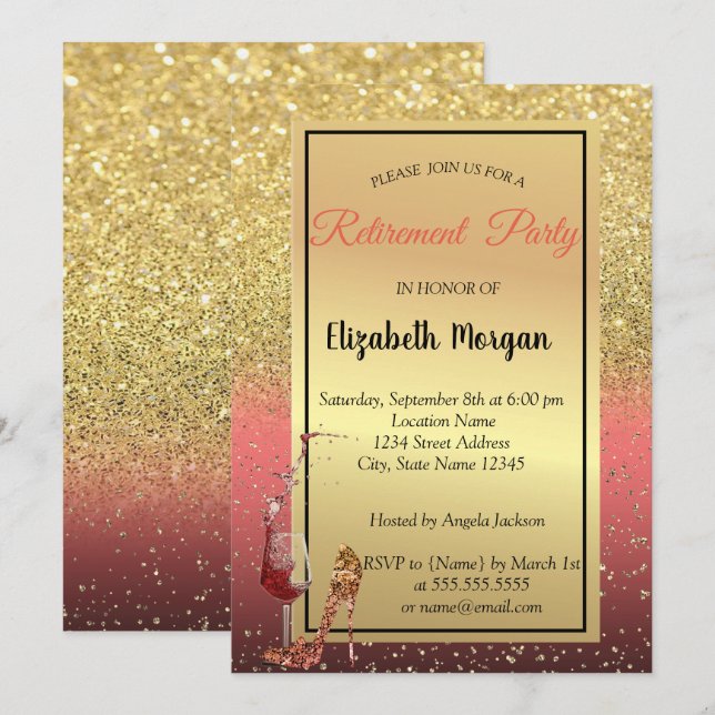High Heel,Wine Glass,Red,Glitter Retirement Party Invitation (Front/Back)