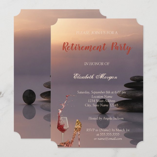 High Heel, Wine Glass,Zen Stones Retirement Party Invitation (Front/Back)