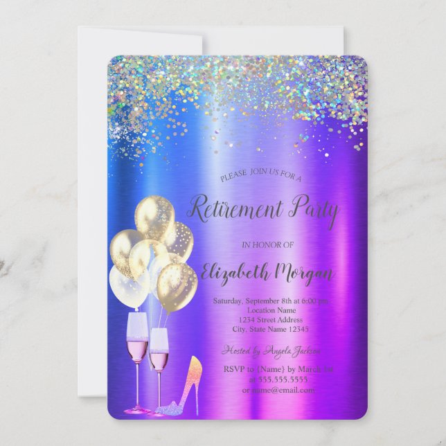 High Heels,Colourful Confetti Purple Retirement  Invitation (Front)