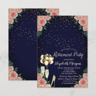 High Heels, Confetti Blue Floral Retirement Party Invitation