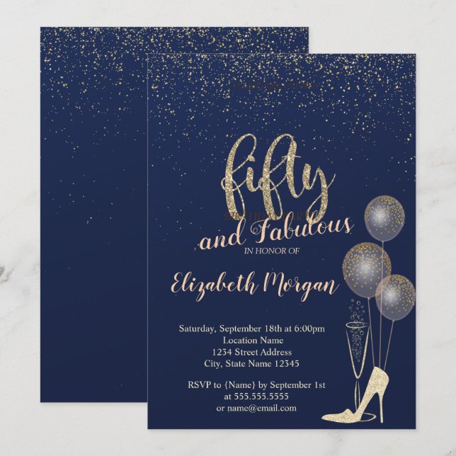 High Heels Confetti,Navy Blue 50th Birthday Party Invitation (Front/Back)