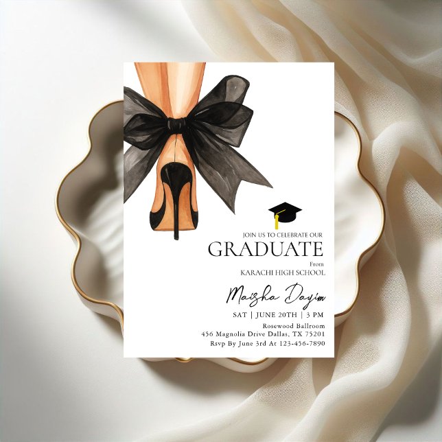 High Heels Coquette Black Bow Graduation Photo Invitation (Creator Uploaded)