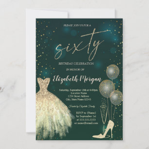 High Heels,Dress,Stars Green 60th Birthday  Invitation