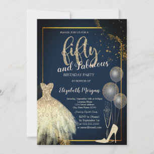 High Heels,Dress,Stars Navy Blue 50th Birthday Invitation