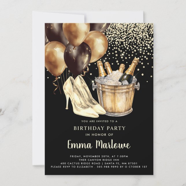 High Heels Gold Black Woman's Birthday Party Invitation (Front)