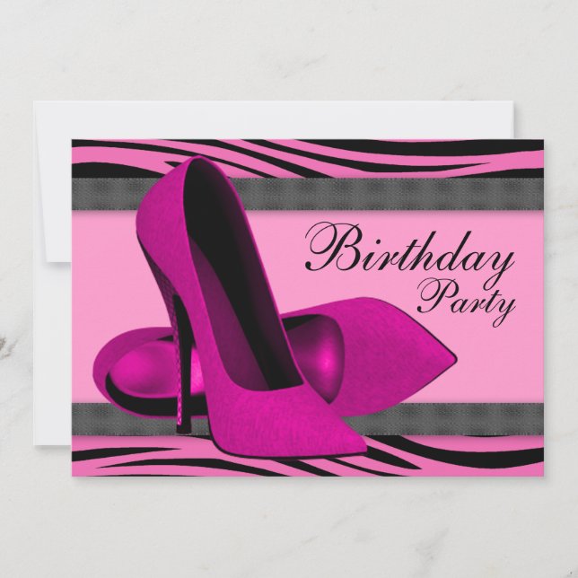 High Heels & Hot Pink Zebra Birthday Party Invitation (Front)