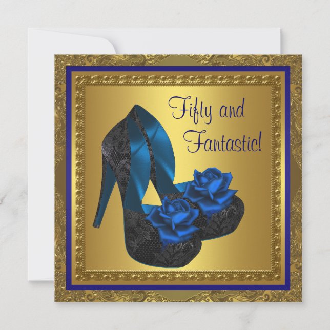 High Heels Royal Blue and Gold 50th Birthday Invitation (Front)