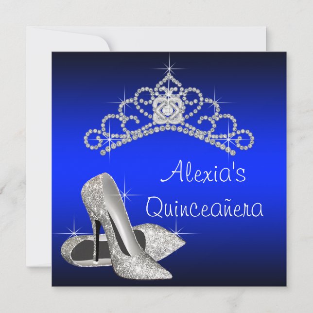 High Heels Tiara Royal Blue Quinceanera Invitation (Front)